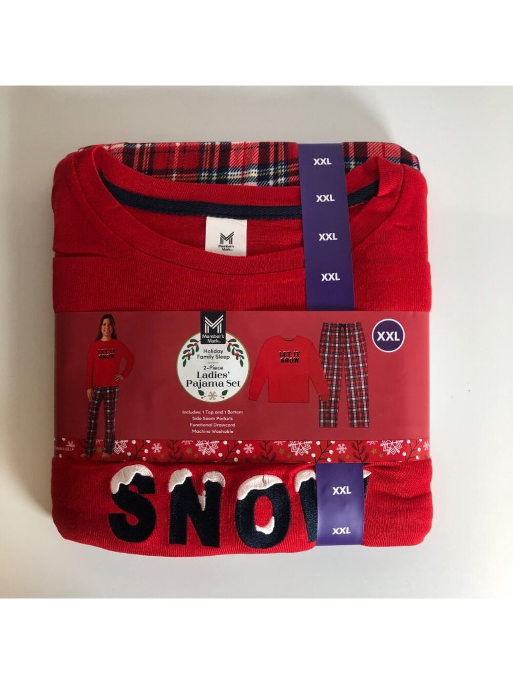 Members Mark Holiday 2-Piece Let it Snow Pajama Set Womens Sz XXL Red Plaid NEW